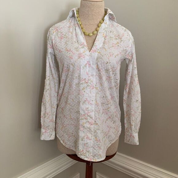 Seaplane Tops - Seaplane Cotton Swiss Dot Split Neck Popover Long Roll Tab Sleeves Blouse XXS